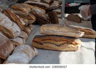 Sour Dough Bio Bread Made With Natural Yeast Starter And Baked In Wood Stove For Sale On Market In Provence, France