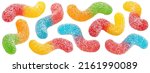 Sour gummy worms isolated on white background, full depth of field