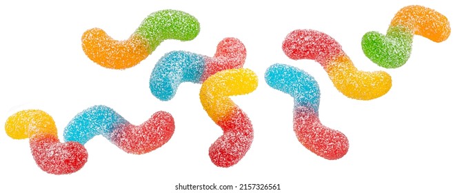 Sour gummy worms isolated on white background, full depth of field - Powered by Shutterstock