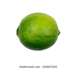 Sour Key One Whole Lime Isolated On White Background. Little Juicy Green Lemon Or Fresh Organic Citrus