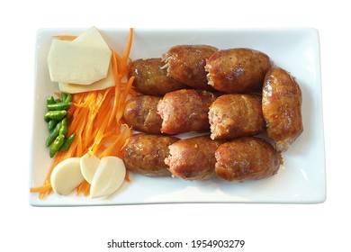 Sour Pork : Issan Thai Eastern Sausage Traditional Style Food Appetizer Served With Thai Green Chili, Sliced Garlic And Sliced Carrot On White Plated Isolated On White Background