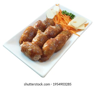 Sour Pork : Issan Thai Eastern Sausage Traditional Style Food Appetizer Served With Thai Green Chili, Sliced Garlic And Sliced Carrot On White Plated Isolated On White Background