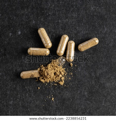 Source of biologically active substances, herbal preparations in capsules, top view