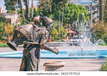 A source of clean drinking water in Antalya etched in the style of an ancient water carrier sculpture with water jugs and a fountain in the background