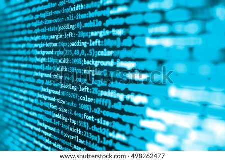 
Source code close-up. Writing programming code on laptop. Coding script text on screen. Abstract screen of software. Technology background. Software source code. Computer science lesson. 
