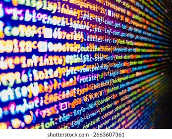 Source code photo. Closeup of Web Code on Computer LED Screen. Search engi. Information technology website coding standards for web design. Web server data on a monitor