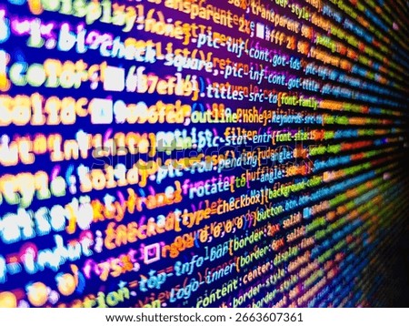 Source code photo. Closeup of Web Code on Computer LED Screen. Search engi. Information technology website coding standards for web design. Web server data on a monitor