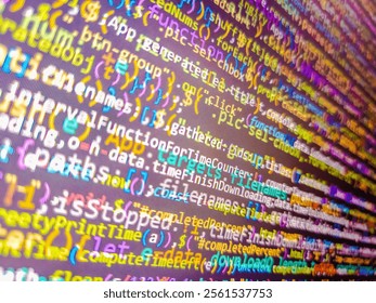 Source code programming concept. Software development monitor screen background. Abstract seamless zigzag pattern with waves in white, green, blue, lilac tones. Computer html code on screen.