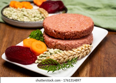 Source Of Fibre Plant Based Vegan Soya Protein Burgers, Meat Free Healthy Food Close Up