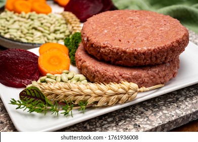 Source Of Fibre Plant Based Vegan Soya Protein Burgers, Meat Free Healthy Food Close Up