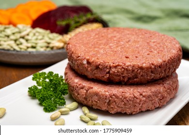 Source Of Fibre Plant Based Vegan Soya Protein Burgers, Meat Free Healthy Food Close Up