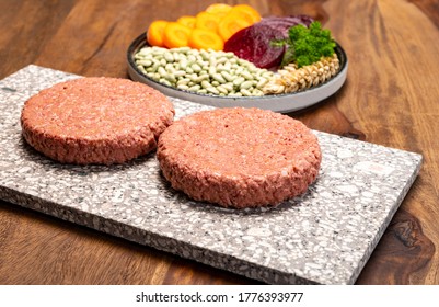 Source of fibre plant based vegan soya protein burgers, meat free healthy food close up