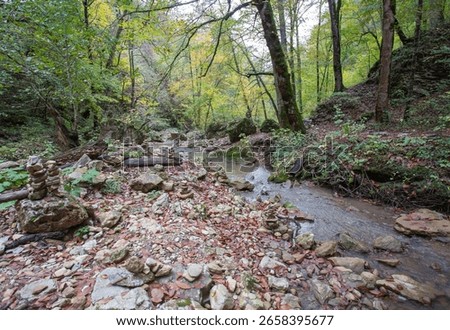 the source of the river, a walk along the riverbed with an overview of the canyon of the river and the shallow riverbed