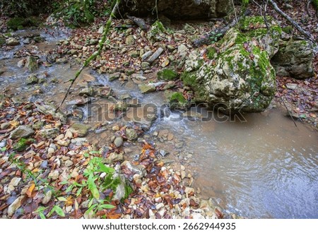 the source of the river, a walk along the riverbed with an overview of the canyon of the river and the shallow riverbed