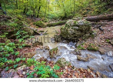 the source of the river, a walk along the riverbed with an overview of the canyon of the river and the shallow riverbed