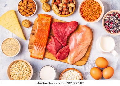 Sources Of Healthy Protein - Meat, Fish, Dairy Products, Nuts, Legumes, And Grains.