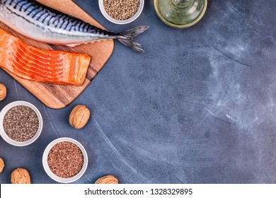 Sources Of Omega 3 - Mackerel, Salmon, Flax Seeds, Hemp Seeds, Chia, Walnuts, Flaxseed Oil. Healthy Eating Concept. Top View With Copy Space.