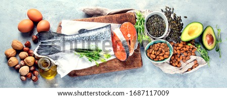 Sources of omega-3 acids. Foods high in healthy fat, vitamin and antioxidants. Top view. Panorama, banner
