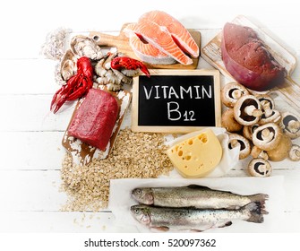 Sources of Vitamin B12 (Cobalamin). Healthy eating. Top view