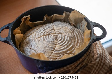 Sourdough Bread In A Dutch Oven Ready To Be Baked