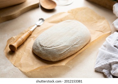 Sourdough Bread Loaf Scoring, Raw Dough In Proofing Rattan Basket Homemade Bread Made From Wild Yeast.