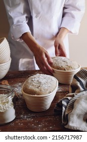 Sourdough Bread Proofing And Cutting. Chef Baking Bread