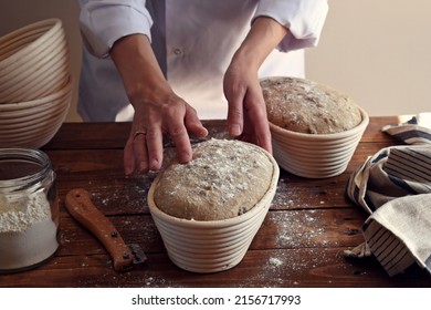 Sourdough Bread Proofing And Cutting. Chef Baking Bread