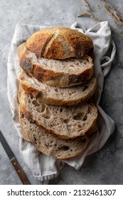 Sourdough bread slices, homemade healthy bread, top view. - Shutterstock ID 2132461307