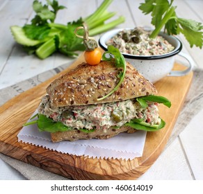 Sourdough Bread Tuna Sandwich With Arugula And Green Celery