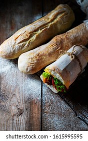 Sourdough Homemade Bread. Italian Ciabatta Panini Sandwich With Chicken And Tomato. Selective Focus, Copy Space