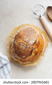 Sourdough Rustic Bread Loaf, Round Homemade Bread Made From Wild Yeast. Healthy Food.