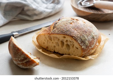 Sourdough Rustic Bread Loaf, Round Homemade Bread Made From Wild Yeast. Healthy Food.