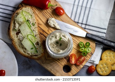 Sourdough Slice With Homemade Cream Cheese And Cucumber Slices