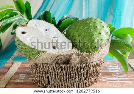 Soursop (also graviola, guyabano, and in Latin America, guanábana) is the fruit of Annona muricata, a broadleaf, flowering, evergreen tree Foto stock © 