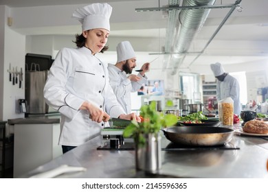 Sous chef preparing fresh vegetable garnish for gourmet dish served at dinner service in restaurant. Gastronomy expert chopping vegetables while cooking food for fine dining in professional kitchen - Powered by Shutterstock