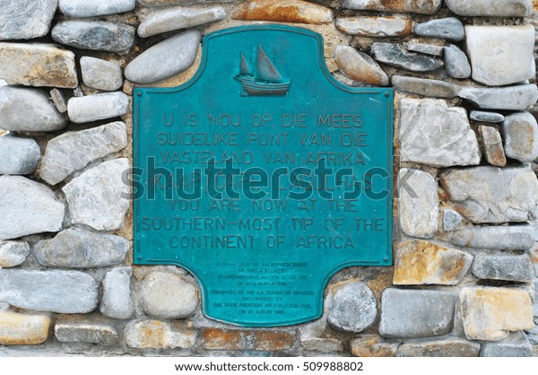South Africa, 09/20/2009: the marker indicating the\
official dividing line between Atlantic and Indian Oceans at Cape\
Agulhas, geographic southern tip of African continent in the\
Agulhas National Park