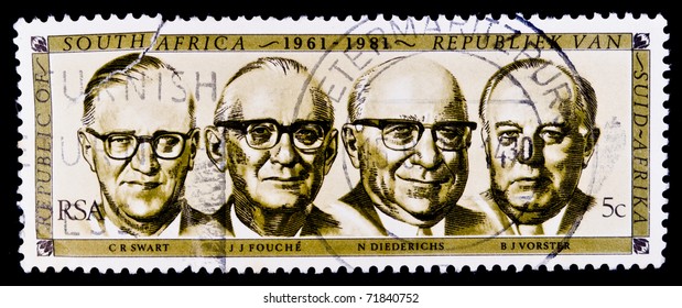 SOUTH AFRICA - CIRCA 1960s: A Stamp Printed In South Africa Shows C.R Swart,  J.J. Fouche, N. Diederich, B.J. Vorster Circa 1960s