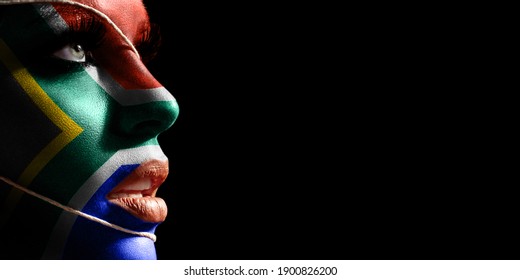 South Africa Flag Painted On A Face Of A Young Woman, National Flag On Face