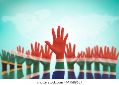 South Africa national flag pattern on leader's palm on blue sky for human rights, leadership, reconciliation concept - Powered by Shutterstock