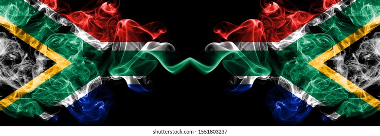 South Africa Vs South Africa, African Smoky Mystic Flags Placed Side By Side. Thick Colored Silky Abstract Smoke Flags Concept