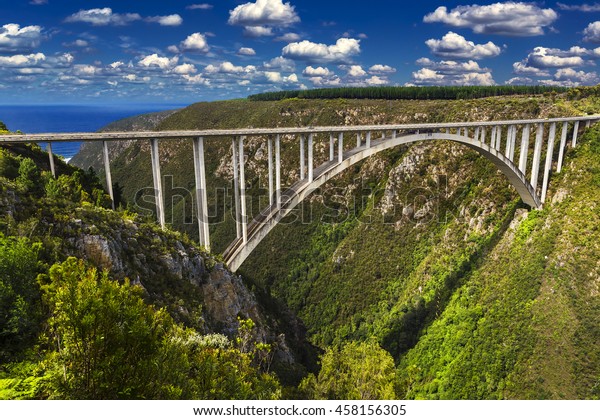 South Africa. Western Cape Province, Tsitsikamma\
region of the Garden Route. The Bloukrans Bridge seen from the\
north (world\'s highest bungy bridge, 216 m heigh above the\
Bloukrans River)
