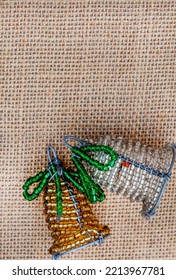 South African Beaded Christmas Decorations On Plain Burlap Fabric