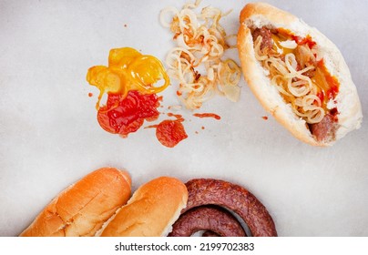 South African Famous Boerewors Roll, Flat Lay With Ingredients And Copy Space