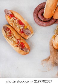 South African Famous Boerewors Roll, Flat Lay With Ingredients And Copy Space