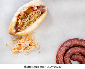 South African Famous Boerewors Roll, Flat Lay With Ingredients And Copy Space