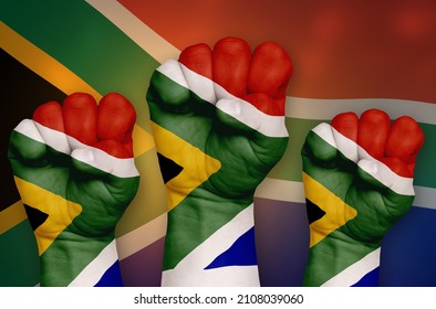 The South African Flag Is Drawn On A Clenched Fist And In The Background. The Concept Of Protest, Power And Strength.