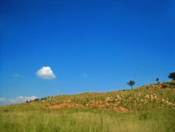 SOUTH AFRICAN LANDSCAPE WITH ROCK AND GRASS COVERED HILL                               