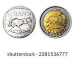 South African Rand Coins, in Circulation, Third Series, Close Up, Isolated on White background.