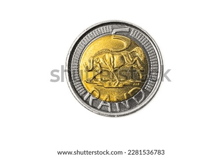 South African Rand Coins, in Circulation, Third Series, Close Up, Isolated on White background.