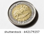 South African ZAR Five Rand (R5) coin, introduced in 2004. A bi-metallic coin with added security features, including a grooved edge and micro-lettering.